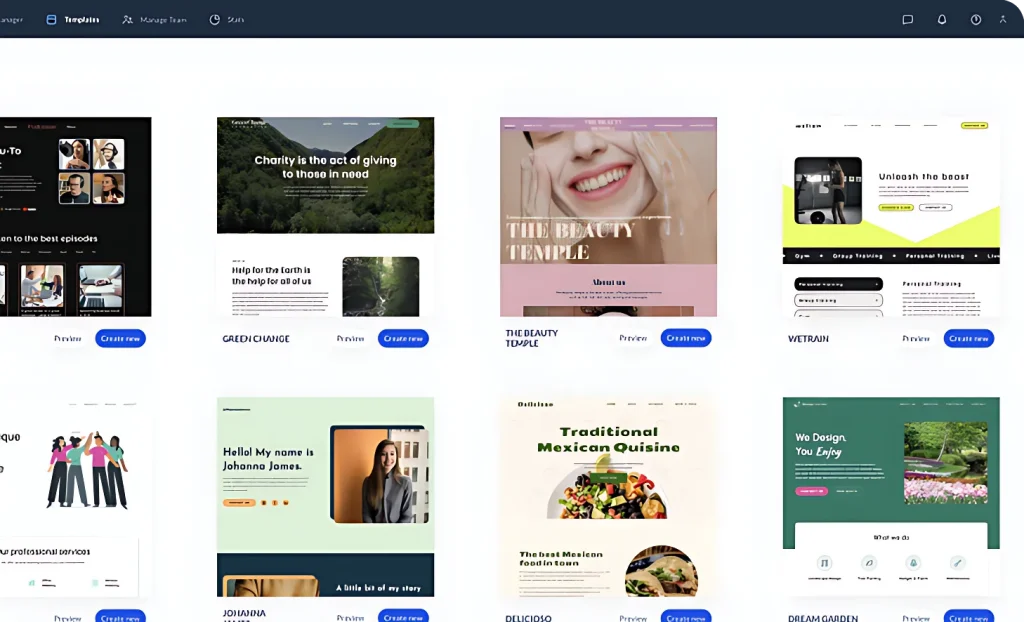 Website builder interface with drag-and-drop tools reducing design time by 70%